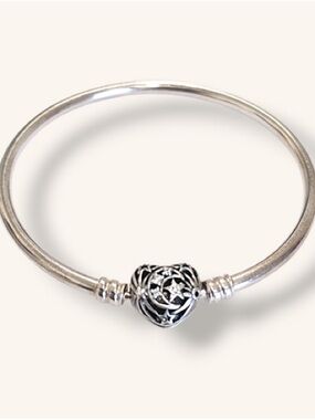 Pandora Silver Heart Filigree Charm Bangle - Silver